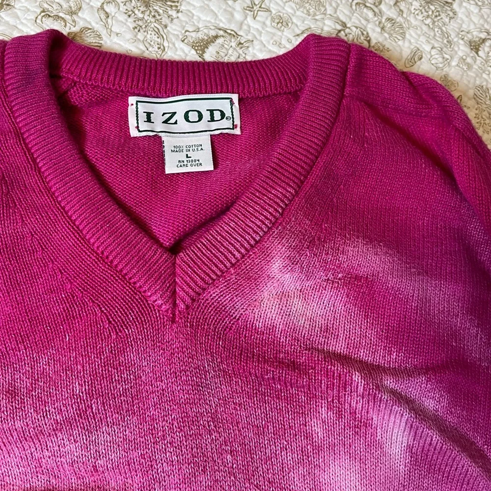 VTG Mens L Dark Pink VNeck Bleach Dye Upcycle Preppy Grunge Fall Winter Sweater